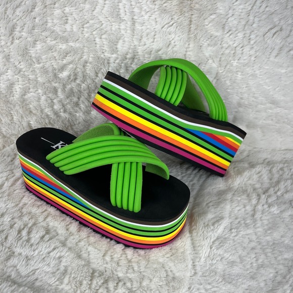 Vtg Y2K KF-Ltd Platform Sandals 6 Rainbow Stripe Flatform Slides Green Straps‎ - Picture 1 of 13